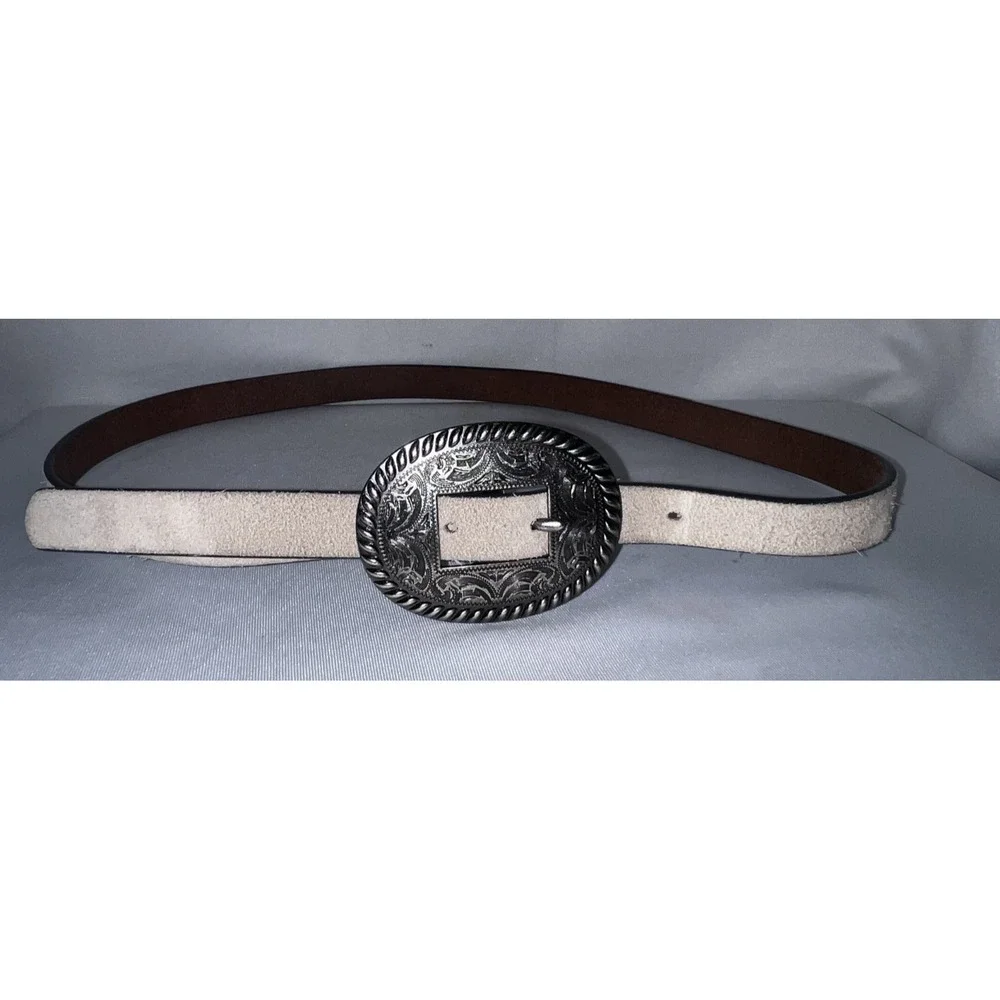 Lucky Brand Womens Suede Western Belt Beige Silver Engraved Buckle Sz M Medium‎